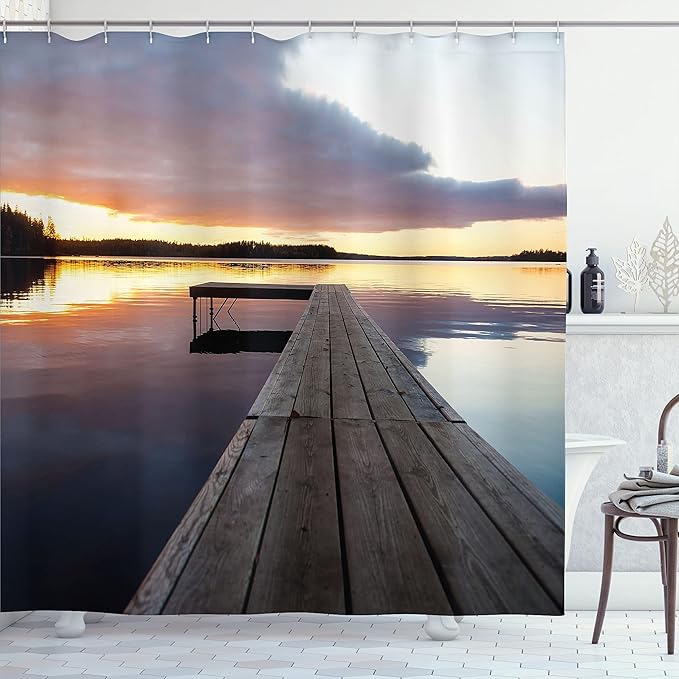 Ambesonne Landscape Shower Curtain, Serenity Relaxing Themed Port Pier Wooden Rustic Image of Dawn Sunset in Lake Art, Cloth Fabric Bathroom Decor Set Hooks, 69" W x 70" L, Multicolor Indigo Pale Blue