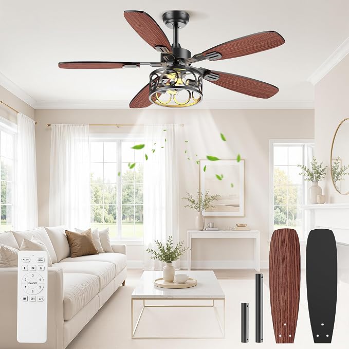 Ceiling Fans with Lights and Remote, 42'' Vintage Caged Ceiling Fan with Light, 5 Blades, 6+1 Speed, Flush Mount Ceiling Fan Whisper-quiet for Farmhouse, Living Room, Kitchen and Porch (42 Inch)