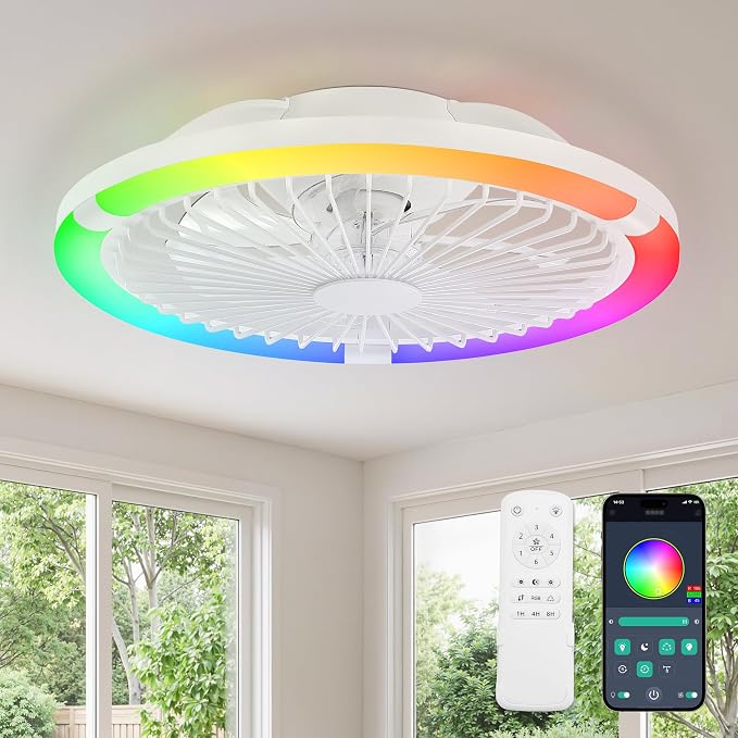 LEDIARY 20" Bladeless Ceiling Fan with Light,Low Profile LED Ceiling Fans with Remote & Smart APP Control, Modern Enclosed Flush Mount Fandelier, 3000-6000K,Bedroom,Kids Room-White RGB