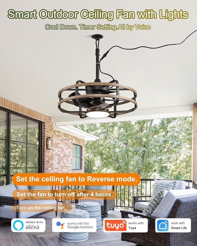 20" Outdoor Ceiling Fan with Light – Waterproof Plug-In Smart Fan for Porch, Pergola & Gazebo, 4CCT Color Adjustable, Alexa & Google Compatible, Caged Design, Black & Dark Wood Finish