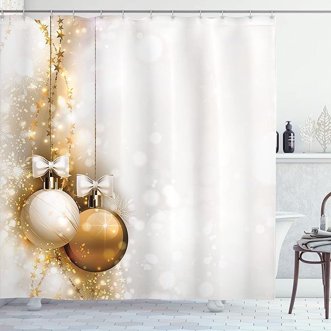 Ambesonne Christmas Shower Curtain, Featured Xmas Baubles with Ribbon Holiday Wish Artwork Image Illustration, Cloth Fabric Bathroom Decor Set with Hooks, 69" W x 75" L, White and Beige
