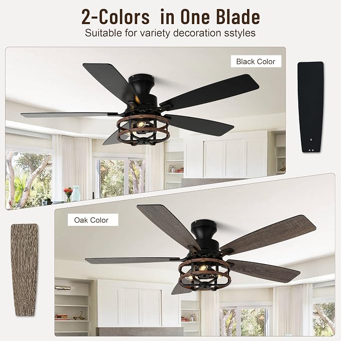 52" Flush Mount Farmhouse Ceiling Fan with Light & Remote Control | Rustic Caged Chandelier Ceiling Fan with 5 Double Colour Blades Reversible DC Motor, for Living Room,Dining Room,Bedroom