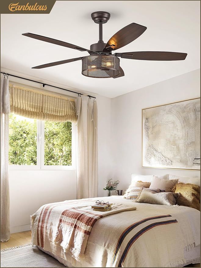 Fanbulous Farmhouse Oil Bronze Ceiling Fans with Lights and Remote, 52 Inch Bedroom Caged Ceiling Fans for Living Room Kitchen，6 Speed Reversible Quiet DC Motor, Dual Finish 5 Blades