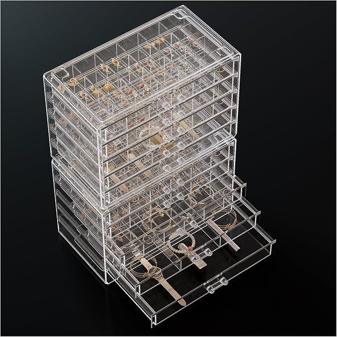 ProCase Acrylic Earrings Holder Organizer Box -Clear, 10 Layers | 158 Jewelry Storage Grid Large Clear Compartments Transparent Stackable Drawers Jewelry Display for Earring Ring Bracelet