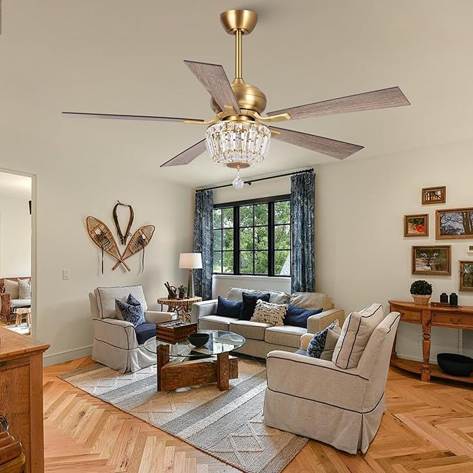 52" Crystal Ceiling Fan with Lights and Remote, Antique Bronze Chandelier Fan, Quiet 3-Speed Motor, 2-Light E12 Base, Elegant Fandelier for Bedroom Dining Room Living ROOM