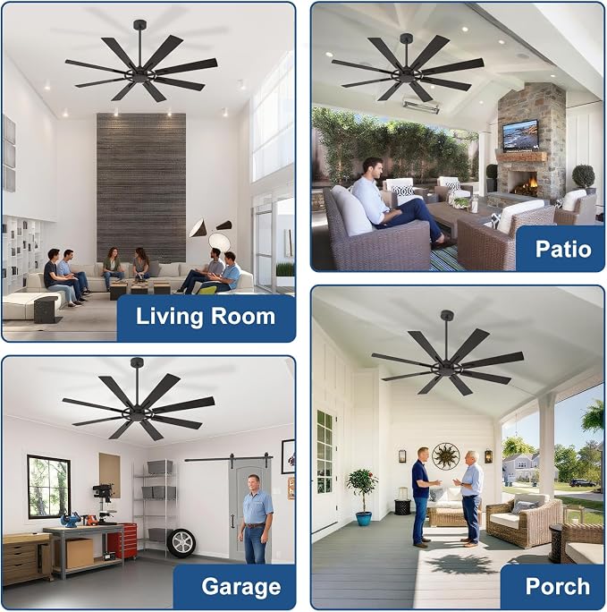 Large Ceiling Fan No Light: Modern 66 Inch 8 Blade Outdoor Ceiling Fans with Remote APP Control - Black Big Fan without Light Indoor Reversible 6 Speed Quiet DC Motor