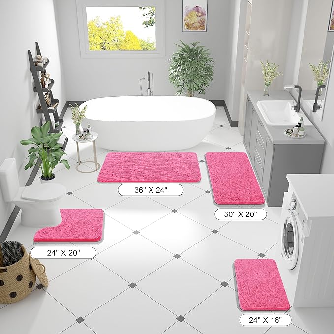 OLANLY Bathroom Runner Rugs 47x17, Soft Absorbent Chenille Bath Rugs, Rubber Backing Quick Dry, Machine Washable Long Bath Mats for Bathroom Floor, Tub and Shower, Home Decor Accessories, Hot Pink