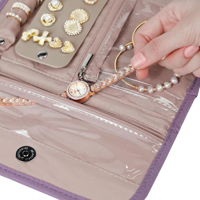 BELALIFE Travel Jewelry Case, Jewelry Organizer Roll for Accessories | Bag with foldable roll design for earrings, necklaces, rings, bracelets and brooches, Purple