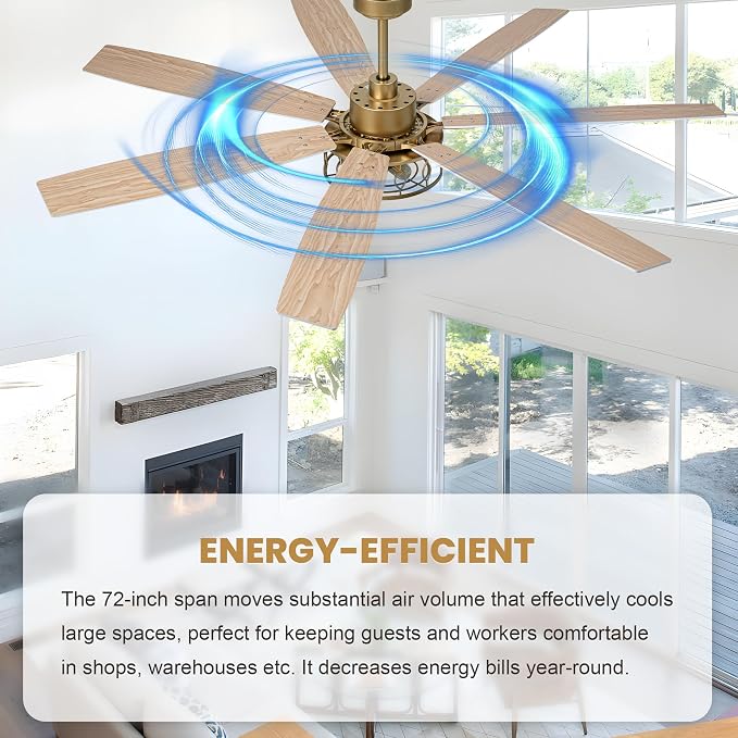 Dawn Whisper 72 Inch Large Ceiling Fans with Lights Modern White Gold Farmhouse Ceiling Fan for Living Room Bedroom 6 Speed Reversible Quiet DC Motor