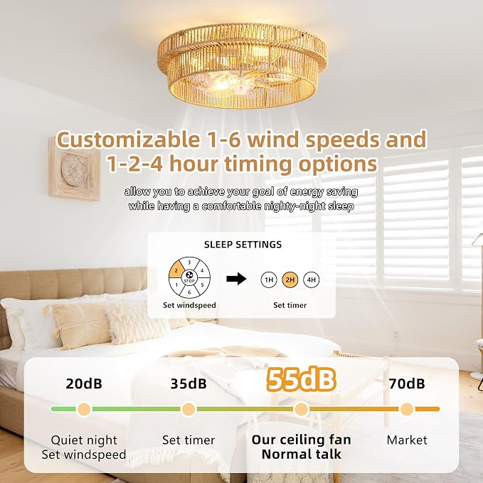 Rattan Boho Ceiling Fan with Light Flush Mount, 20 Inch Caged Ceiling Fans with Light and Remote Control, Low Profile Enclosed 6 Speeds for Bedroom, Nursery, Living Room, E26 Base (Brown)