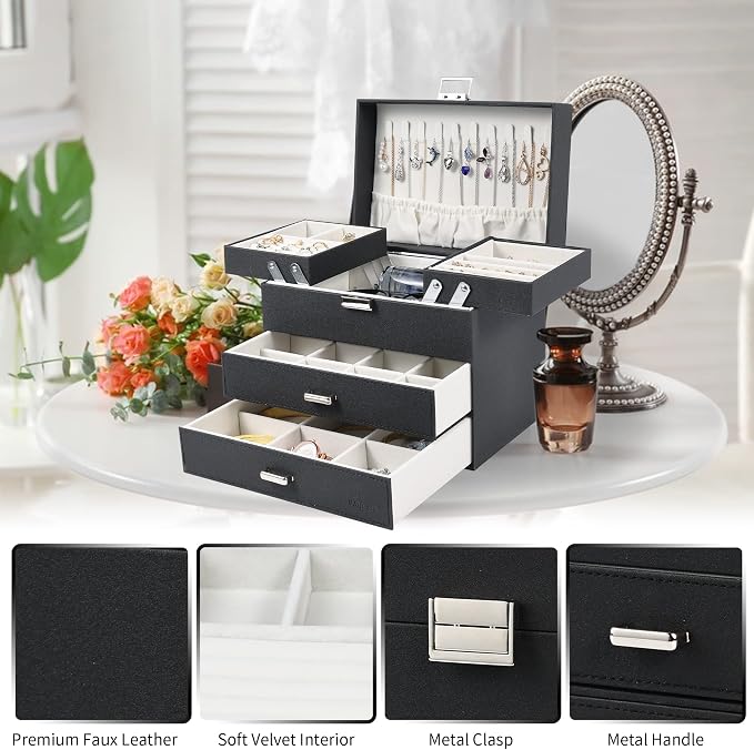 Dajasan Jewelry Organizer Box, Large Jewelry Boxes for Women Girls, Space-Saving 4 Layers Jewelry Storage Case with Drawer, Movable Metal Stand, Modern, Gift Idea (Black + Silver)