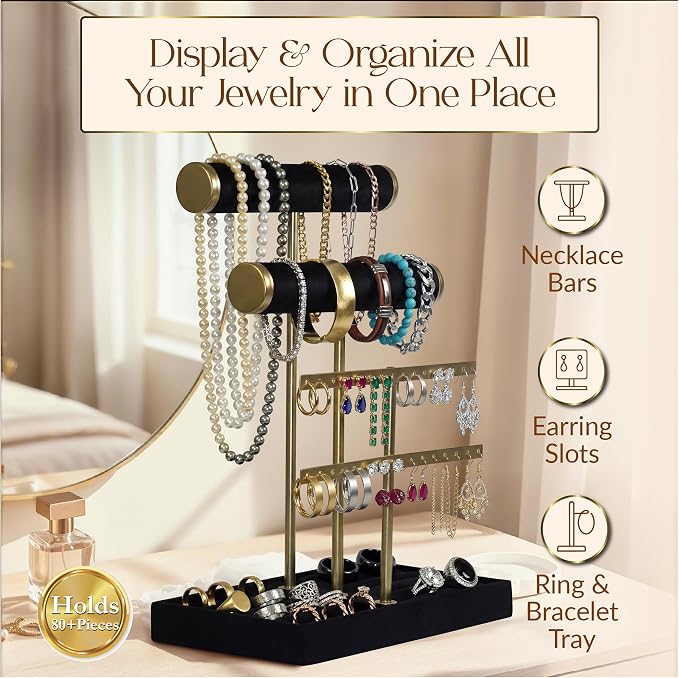 Jewelry Tower Stand Organizer for Women - Soft Touch Velvet Elegant Jewelry Holder Display with Necklace Holder, Earring Organizer & Bracelet Rack - Tabletop Stand for Dresser, Vanity, Desk - Black