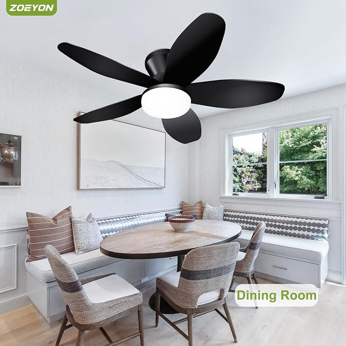 Small Ceiling Fan with Light - 35 Inch Flush Mount Ceiling Fan with Lights and Remote, Low Profile Ceiling Fans with 5 Reversible Blades, 6 Wind Speeds, Black Ceiling Fans for Bedroom
