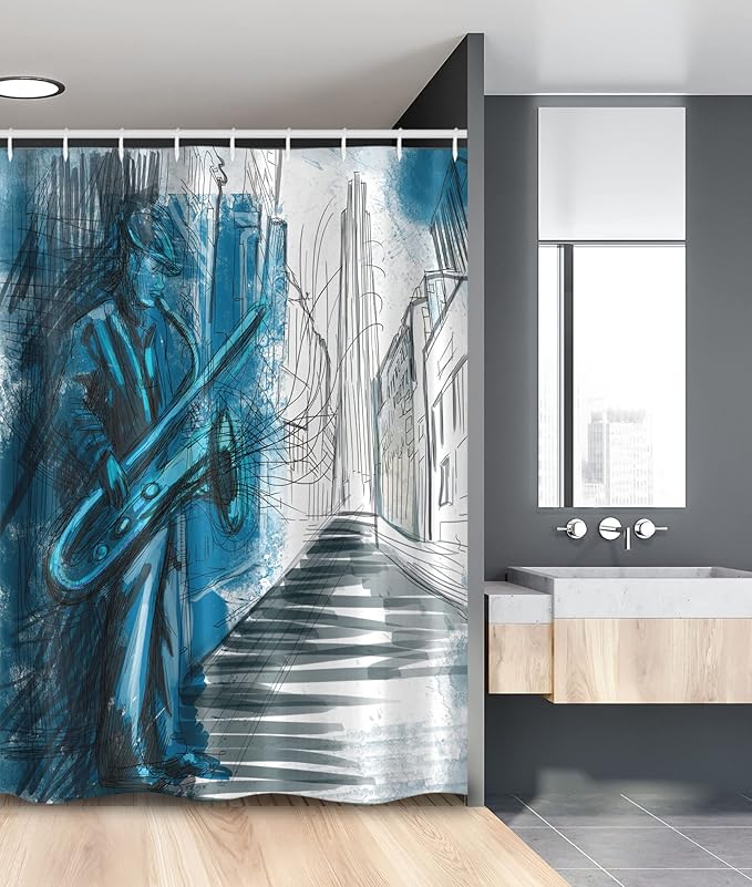 Ambesonne Music Stall Shower Curtain, Saxophone Man Playing Solo in The Street at Night Vibes Contemporary Graphic Design of Artwork, Fabric Bathroom Decor Set with Hooks, 54" W x 78" L, Blue White