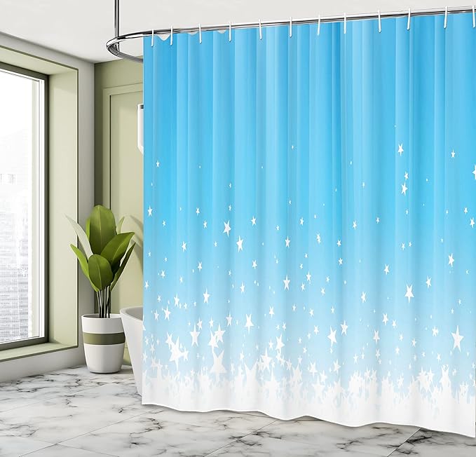 Ambesonne Abstract Shower Curtain, Stars Splashing Down Open Sky Vibrant Celestial Rays Beams Design, Cloth Fabric Bathroom Decor Set with Hooks, 69" W x 70" L, Sky Blue White