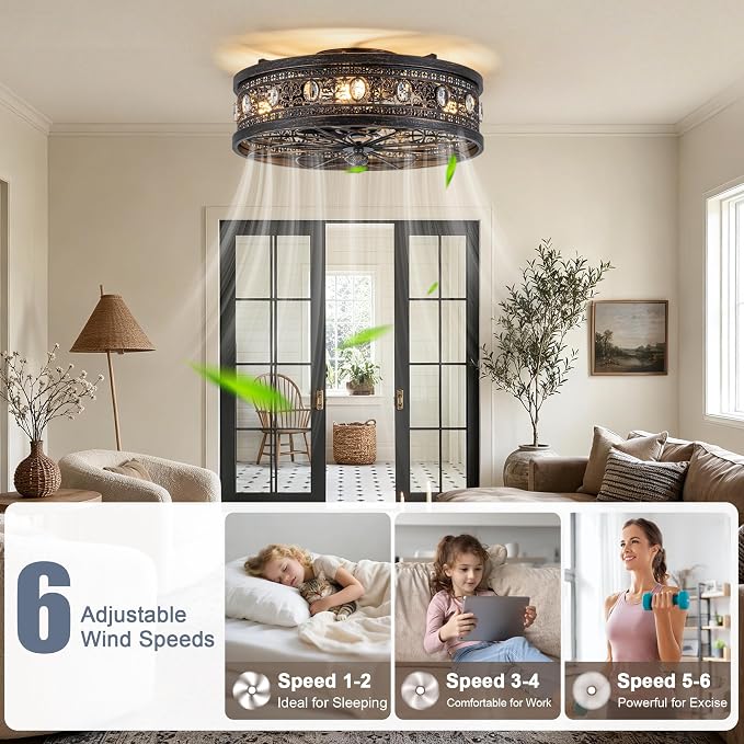 19" Vinctorian Caged Ceiling Fan with Light Flush Mount Fandelier | Vintage Rustic Crystal Chandelier, Low Profile Small Enclosed Bladeless Fandalier for Bedroom Entryway, 4 E26 Bulb Bases