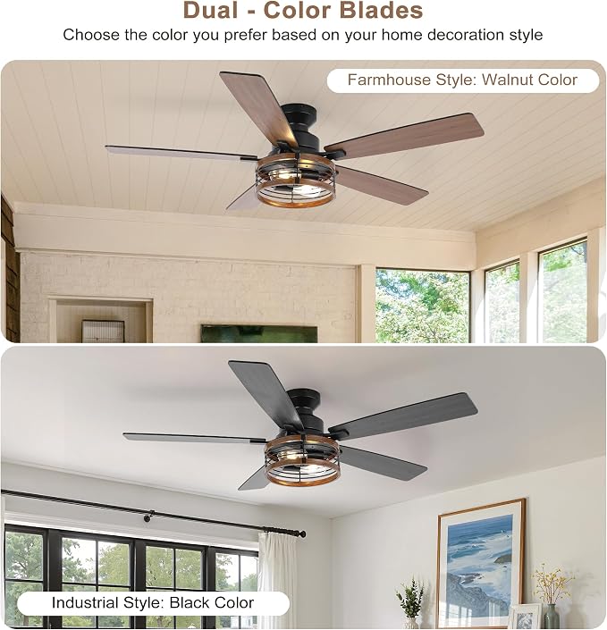 Qcyuui 52" Ceiling Fans with Lights and Remote Farmhouse Ceiling Fan with Light, 6-Speed Reversible DC Motor, Dual Finish 5 Blades, Rustic Caged Ceiling Fan for Bedroom Living Room,Black Walnut