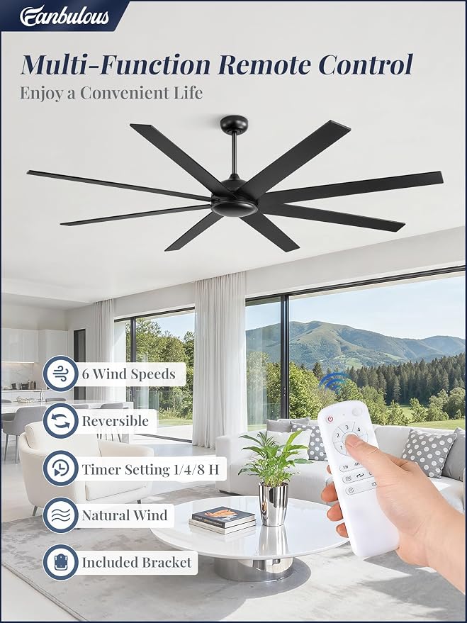 Fanbulous 80 Inch Ceiling Fan No Light with Remote. Large Industrial Ceiling Fans, 6-Speeds, Quiet Reversible DC Motor, 8 Blades, Indoor/Outdoor Ceiling Fan for Living Room, Garage, Patio
