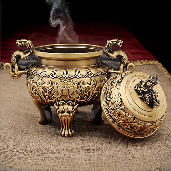 Antique Chinese Brass Incense Burner & Censer – Handmade Solid Brass with Fu Lion Foo Dog Lid, Feng Shui for Zen Meditation, Altar, Home Office Decor (5.5in, 670g), Harmony & Peace