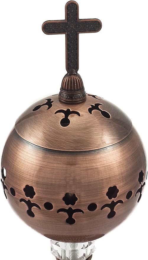 Nazareth Store Incense Burner Charcoal Polished Brass Censer Christian Church Incense Holder Incense Cones Cross 7.9" Aromatherapy Fragrance Ornament (Bronze)