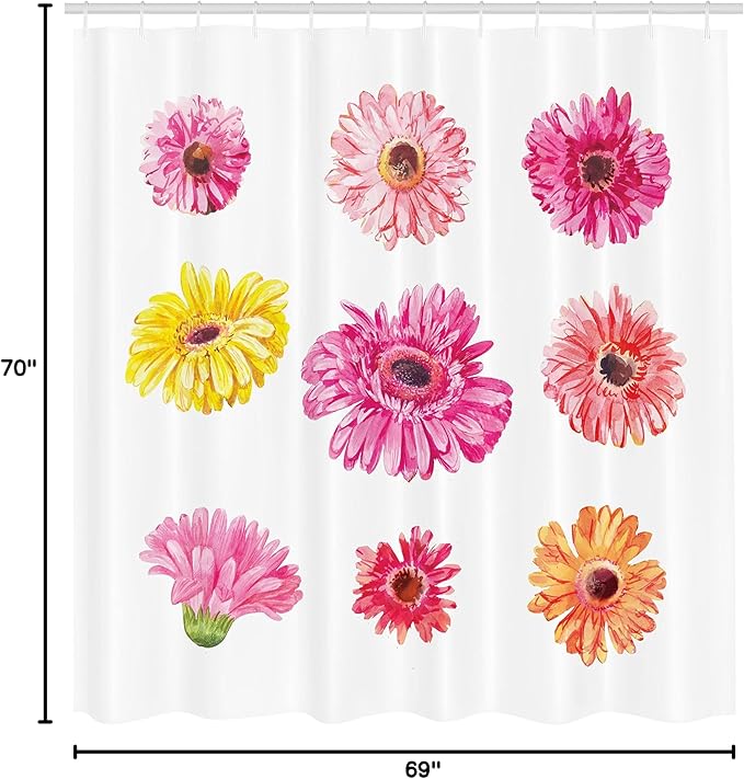Ambesonne Daisy Shower Curtain, Gerbera Flower Heads in Pink and Yellow Shades Watercolor Aquarelle Art Floral, Cloth Fabric Bathroom Decor Set with Hooks, 69" W x 70" L, Multicolor