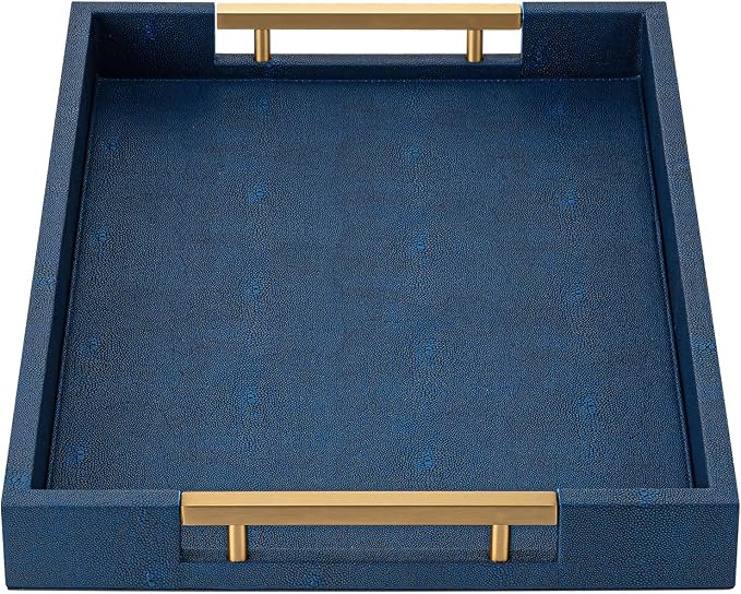 Navy Blue Faux Leather Serving Tray with Handles – Large Decorative Tray for Coffee Table, Ottoman, Living Room, Bathroom – Home Decor