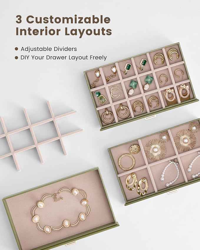 Lolalet Earring Organizer, Jewelry Box with Clear Lid -Sage, 5 Layer | PU Leather, Velvet, Removable Dividers, Dustproof, Easy Clean, For Studs Rings, Gift for Women Girls, Home Aesthetic Decor