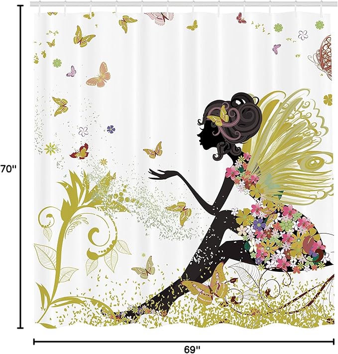 Ambesonne Fantasy Shower Curtain, Spring Girl Wings in a Floral Dress Surreal Garden Butterflies Print, Cloth Fabric Bathroom Decor Set with Hooks, 69" W x 70" L, Pale Earth
