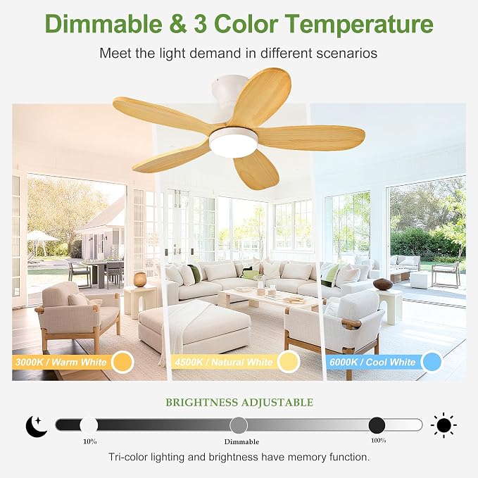 36 Inch Wood Ceiling Fans with Lights,Small Low Profile Ceiling Fans and Remote,Flush Mount Ceiling Fan with 5 Blades 6 Wind Speeds, Modern Hugger Ceiling Fan for LivingRoom, Bedroom, Patio