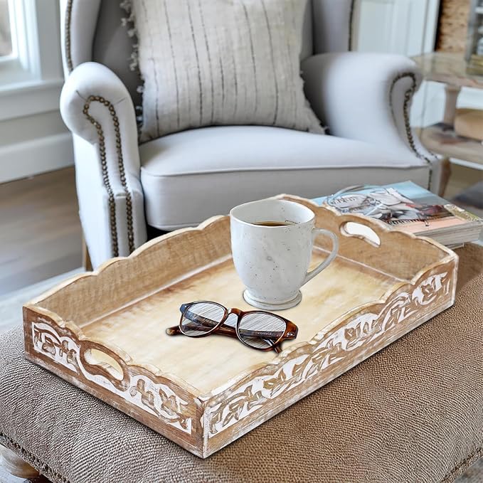 COTTON CRAFT Hand Carved Wooden Serving Tray - Breakfast Tray with Handles | White Wash Finish Decorative Dinner Tray - Rustic Intricately Detailed Unique Furnishing Accent - Food Tray - 17x13x2.75 Inch