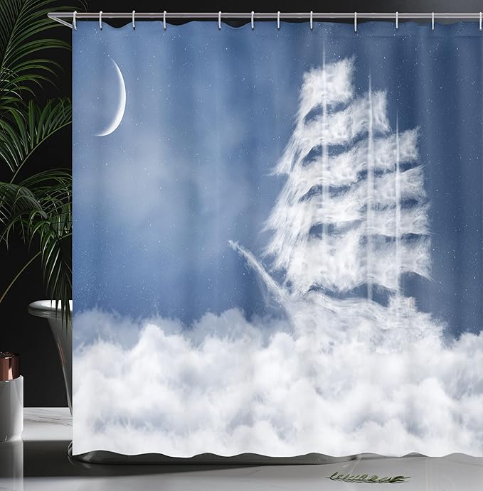 Ambesonne Nautical Shower Curtain, Yacht in The Ocean Madend Shaped with Fluffy Cloudstmospheric Imaginary Sky, Cloth Fabric Bathroom Decor Set with Hooks, 69" W x 70" L, Blue Cream