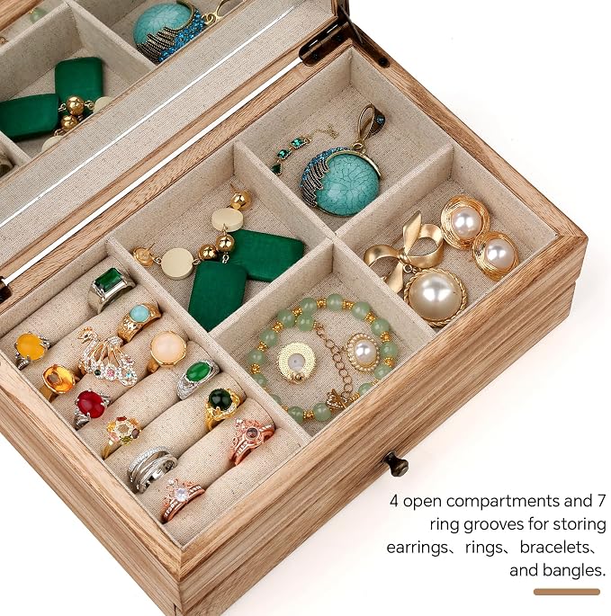 Meangood Jewelry Box Organizer for Women, 2 Layer Large Jewelry Storage Case, Rustic Wooden Jewelry Box with Mirror & Ring Tray for Necklace Earring Bracelets Rings, Vintage Style (Torched Wood)
