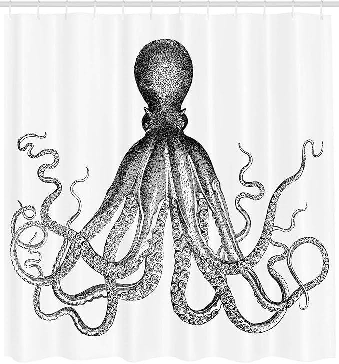 Ambesonne Nautical Shower Curtain, Vintage Engraved Illustration of an Octopus Sea Creature Monochrome Art, Cloth Fabric Bathroom Decor Set with Hooks, 69" W x 70" L, Grey Black