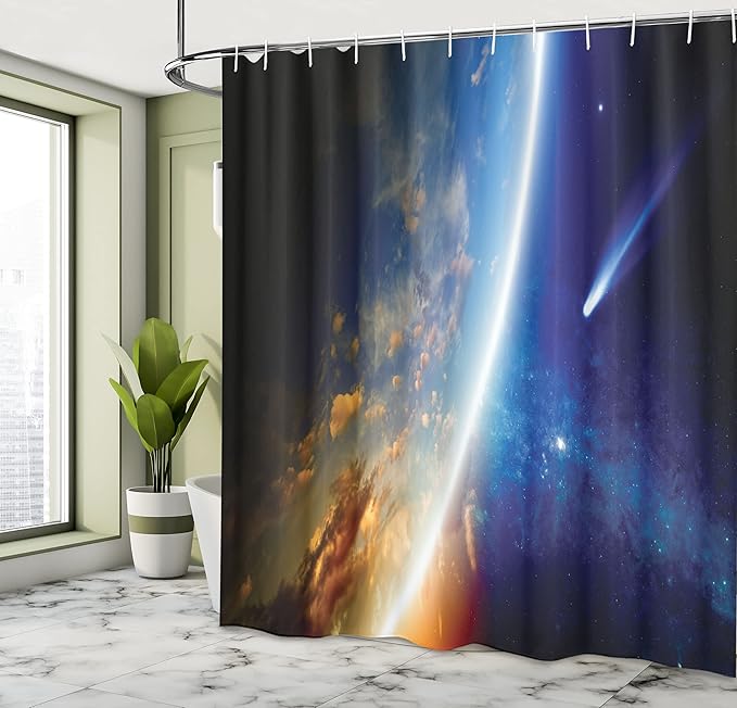 Ambesonne Outer Space Shower Curtain, Comet Approaches Planet Earth Nebula and Stars in Space Picture, Cloth Fabric Bathroom Decor Set with Hooks, 69" W x 70" L, Navy Blue Marigold White