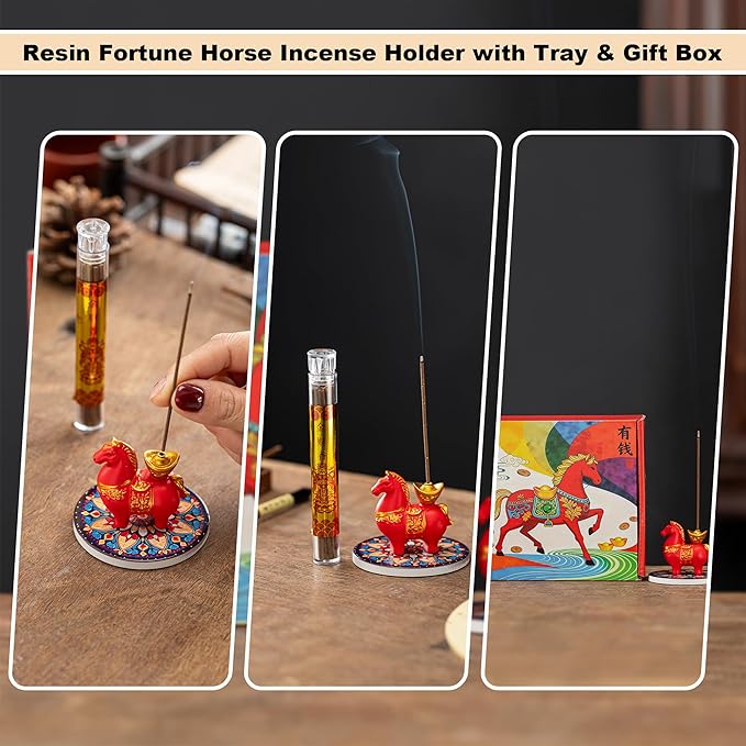 Horse Incense Burner-Resin Fortune Horse Incense Holder with Tray & Gift Box,Aromatherapy Decor for Yoga, Meditation,Home Office,Horse Lover Gift (Red)