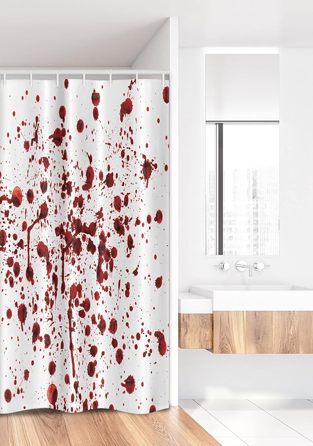 Ambesonne Horror Stall Shower Curtain, Splashes of Blood Grunge Style Bloodstain Horror Scary Zombie Halloween Themed Print, Fabric Bathroom Decor Set with Hooks, 36" W x 72" L, Red White