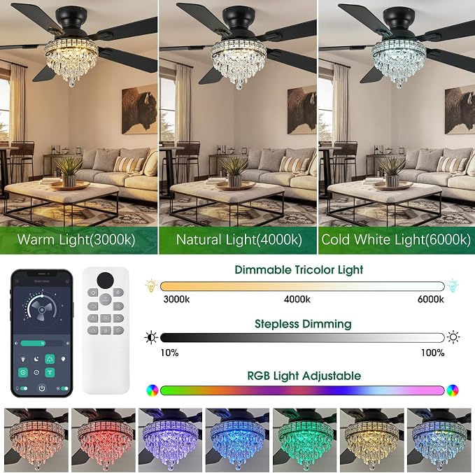 52“ Crystal Ceiling Fans with RGB Lights, Remote/App Control, Modern Fandelier Ceiling Fan Flush Mount, Reversible DC Motor, Dimmable, Bedroom Chandelier Fan, (Black)