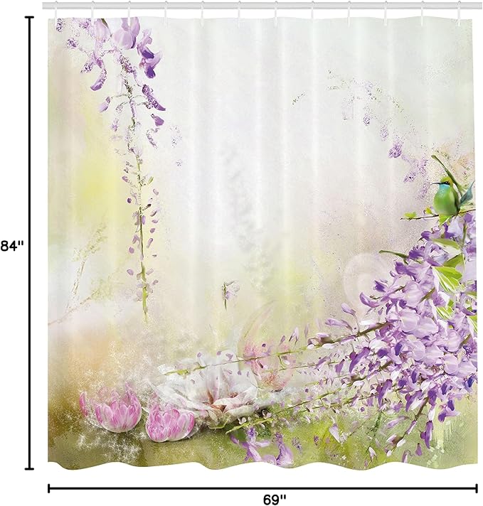 Ambesonne Lavender Shower Curtain, Painting Style Floral Composition Spring Inspired Garden Plants, Cloth Fabric Bathroom Decor Set with Hooks, 69" W x 84" L, Lavender Green Cream