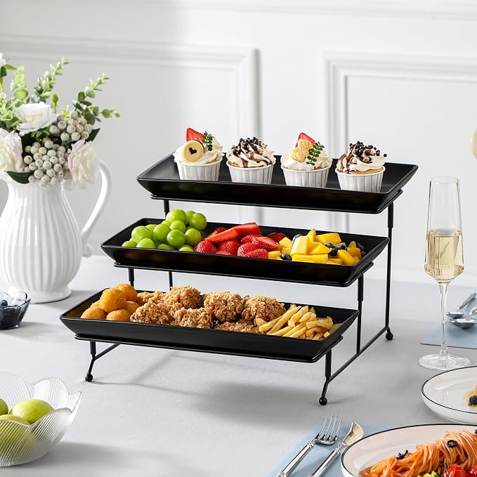 MALACASA 3 Tier Serving Trays for Party, Stoneware Serving Platters and Trays, 14 Inch Tiered Tray Stand, Fruit Tray, Trays for Serving Food, Black Dessert Stand with Collapsible Sturdier Metal Rack | Tiered Cupcake Stand for Party, Fruit Tray, Trays f...
