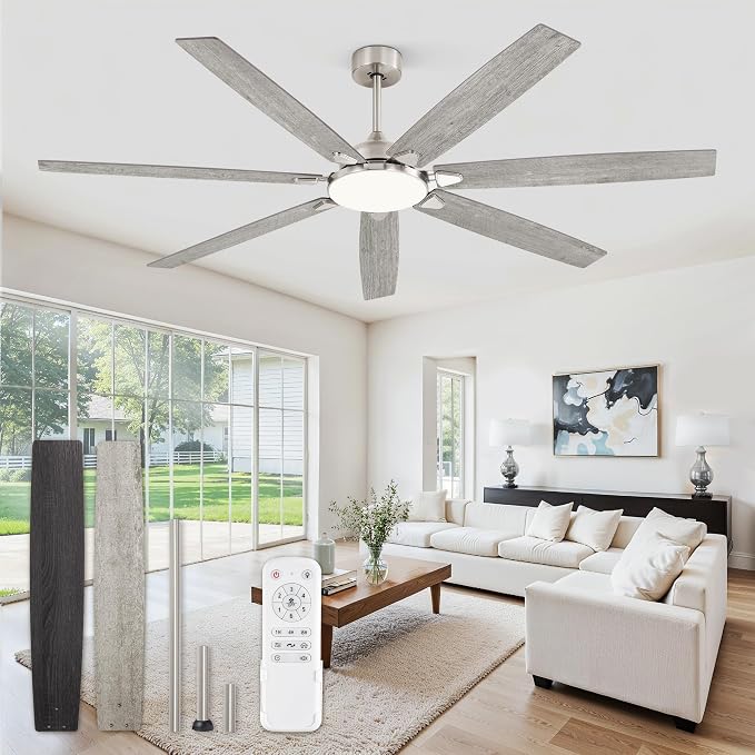Fanbulous 72 Inch Large Ceiling Fans with Lights, Nickel Modern Ceiling Fan with Quiet DC Motor, 3CCT, Indoor/Outdoor Ceiling Fan with Dual Finish Reversible 7 Blades, Timer for Living Room, Patio