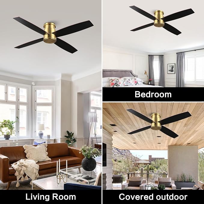 WINGBO 52" Flush Mount DC Ceiling Fan without Lights, 4 Reversible Blades, Ultra Quiet 6-Speed DC Motor, Hugger Low Profile Indoor Ceiling Fan No Lights, Brass Finish