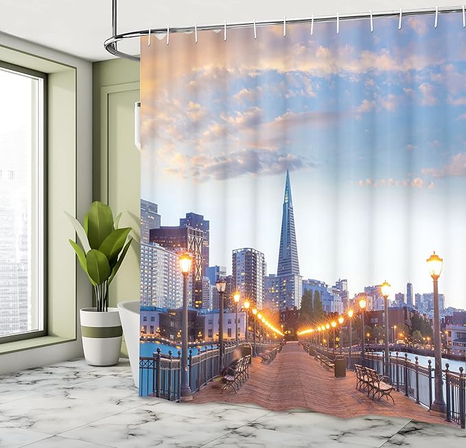 Ambesonne USA Shower Curtain, San Francisco Pier 7 Sunset in California USA Bridge Landmark Evening Picture Print, Cloth Fabric Bathroom Decor Set with Hooks, 69" W x 70" L, Blue Gray