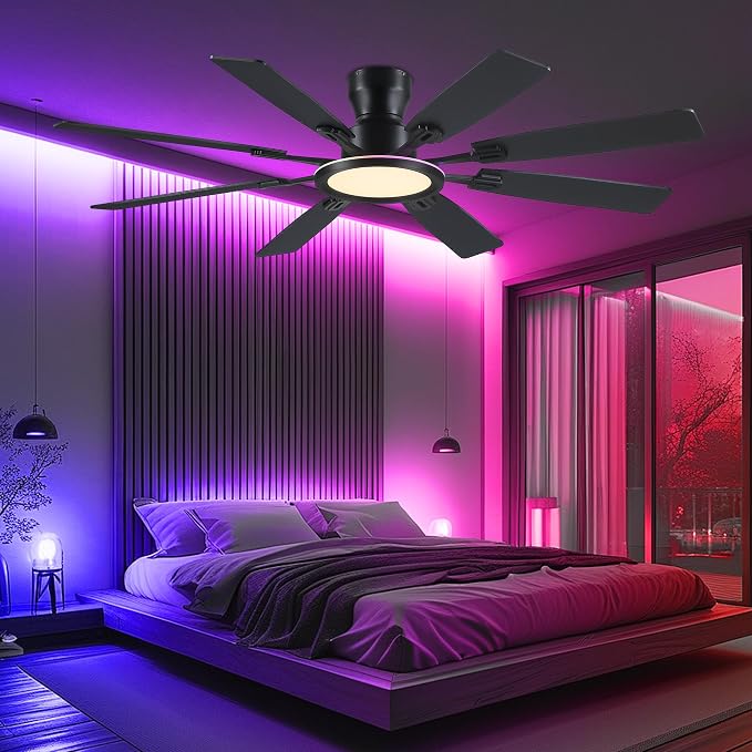 Ayaoty Ceiling Fans with Lights -60in Flush Mount Ceiling Fan with RGB Dimmable, 3CCT 6 Wind Speeds and Reversible Quiet Motor, Low Profile RGB Fan Light for Modern Indoor, Party - Black