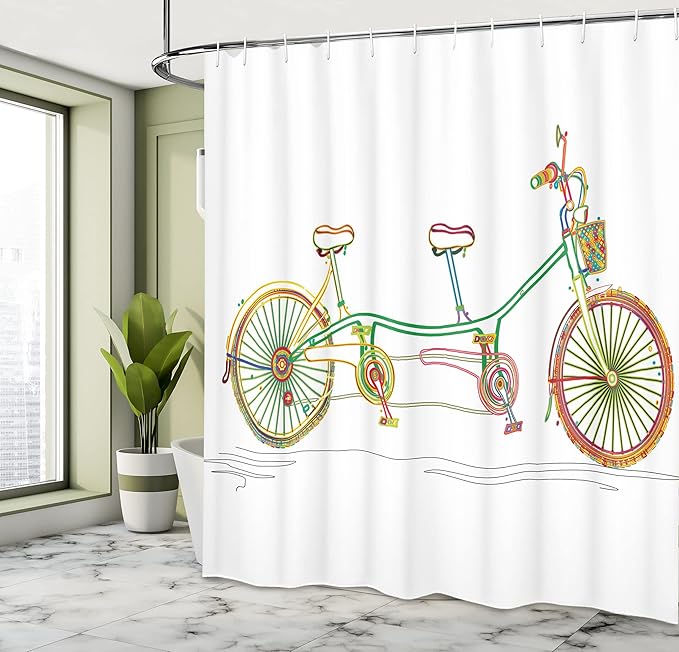 Ambesonne Bicycle Shower Curtain, Colorful Tandem Bicycle Design on White Background Pattern Clipart Style Print, Cloth Fabric Bathroom Decor Set with Hooks, 69" W x 70" L, Jade Green