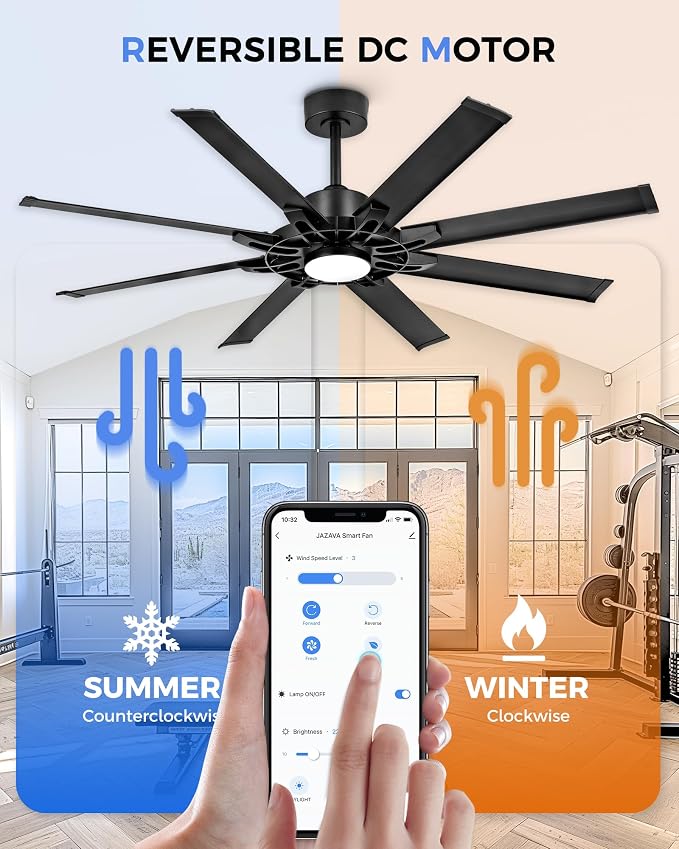 60 Inch Ceiling Fan with Light, Black Indoor Outdoor Ceiling Fan with 8 Aluminium Metal Blades, Smart Fan with Alexa, Modern Quiet Fan for Patio, Garage, Living Room, ZCCF05ABK-60