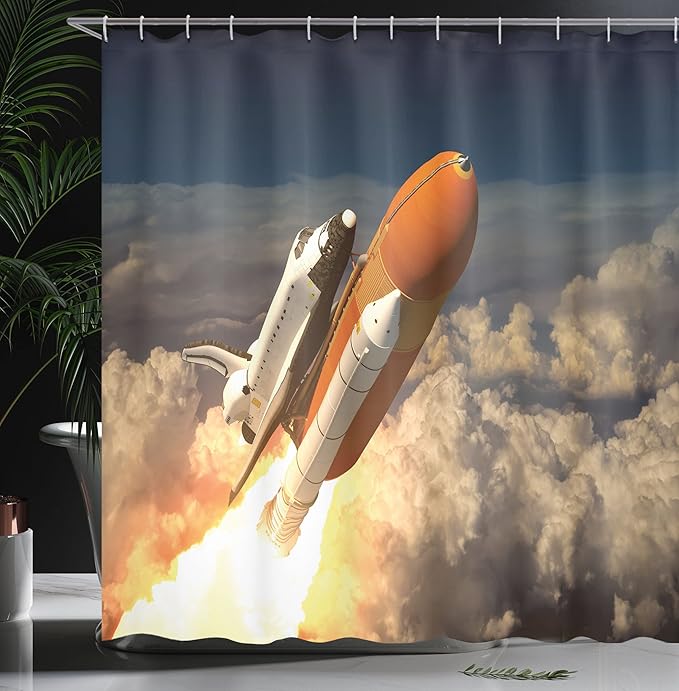 Ambesonne Outer Space Shower Curtain, Space Shuttle in Clouds Scene Historical Liftoff Enterprise Success Picture, Cloth Fabric Bathroom Decor Set with Hooks, 69" W x 84" L, Mustard Grey