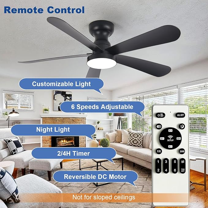 Depuley Black Ceiling Fan with Lights: 42-Inch Flush Mount Fan with Light and Remote - Low Profile Ceiling Fans Reversible Quiet DC Motor for Bedroom Living Room Indoor Outdoor