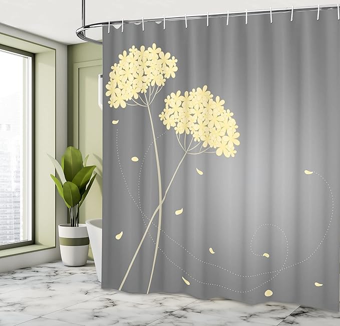 Ambesonne Allium Flower Shower Curtain, Floral Design with Swirl Lines Falling Leaves Autumn Inspired, Cloth Fabric Bathroom Decor Set with Hooks, 69" W x 84" L, Pastel Yellow