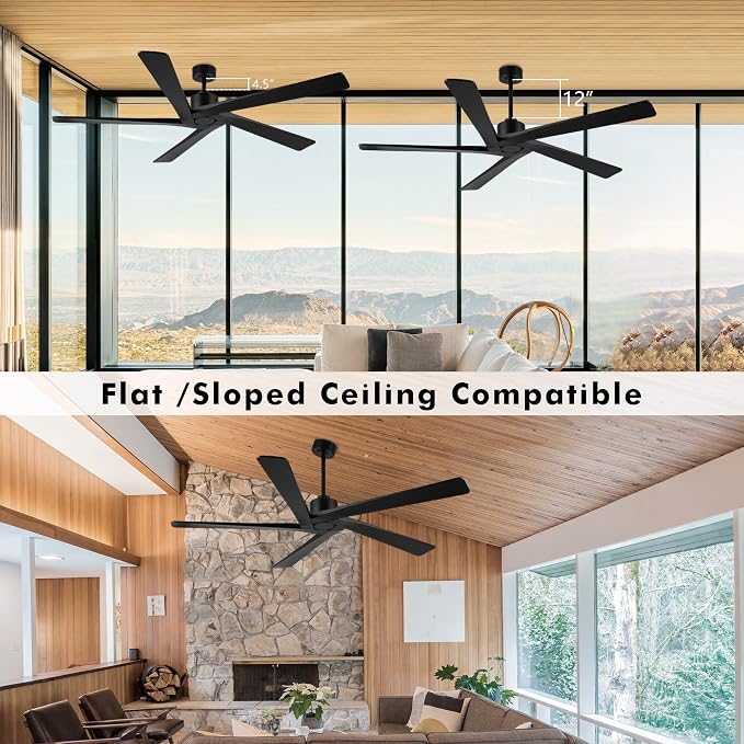 WINGBO 54 Inch DC Ceiling Fan without Lights, 5 Reversible Carved Solid Wood Blades, 6-Speed Noiseless DC Motor, Ceiling Fan No Light with Remote, Indoor Ceiling Fans in Matte Black Finish, ETL Listed