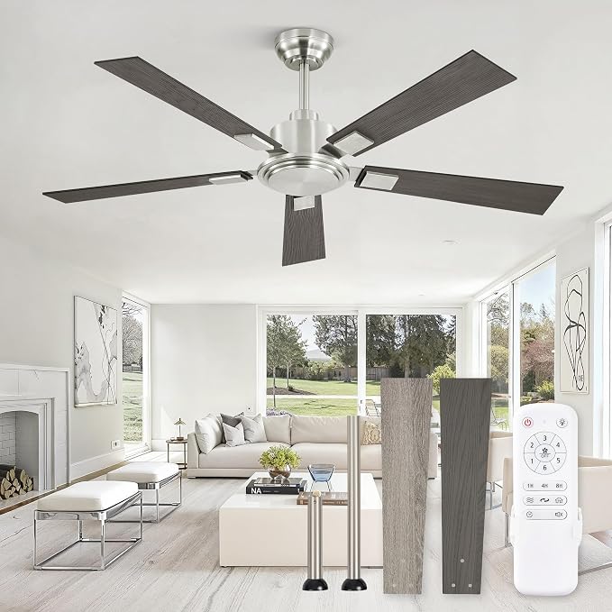 ZMISHIBO 52 Inch Ceiling Fan No Light with Remote Modern Nickel Ceiling Fan with Quiet Reversible DC Motor, 6-Speeds 5 Blades, Indoor/Outdoor Ceiling Fans Without Light for Patios, Living Room, Garage